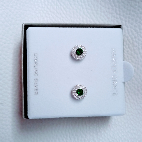 Sterling silver lab created Emerald CZ earrings - Picture 2 of 12